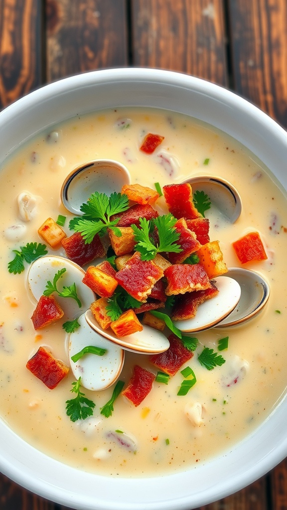 A bowl of clam chowder topped with clams, bacon, and parsley on a rustic table.